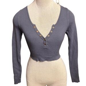 Love Tree Gray Ribbed Polo Collar Crop Top